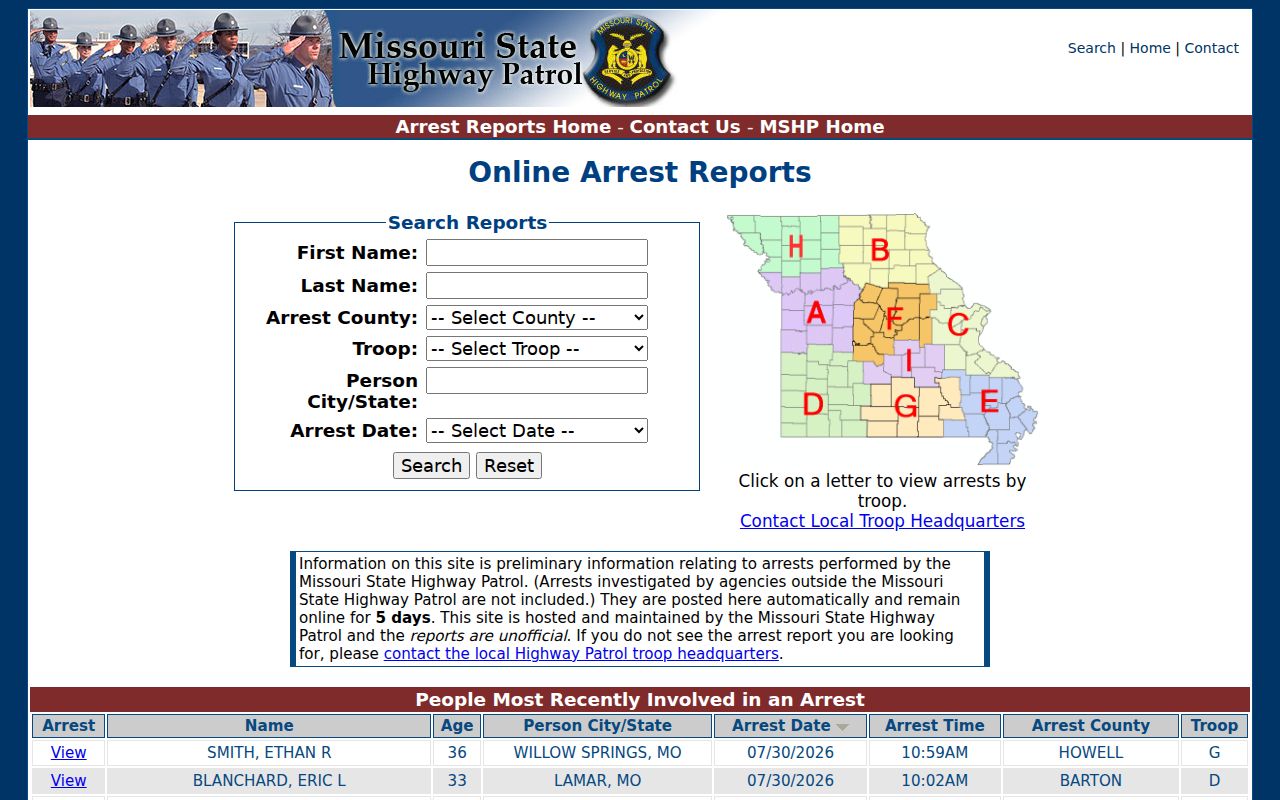 Dallas County criminal history MSHP recent arrest search